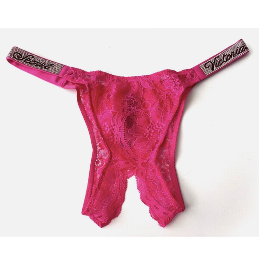 Victorias Secret Panty Fuschia Frenzy Lace Brazilian Logo Shine Strap Ouvert Nwt